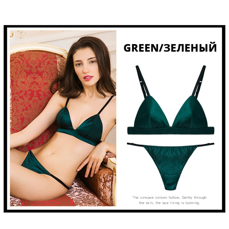 Luxury Silk Ladies Lingerie - Comfort Satin Bralette Wireless Bra Sets with Sexy Lace Green Brief