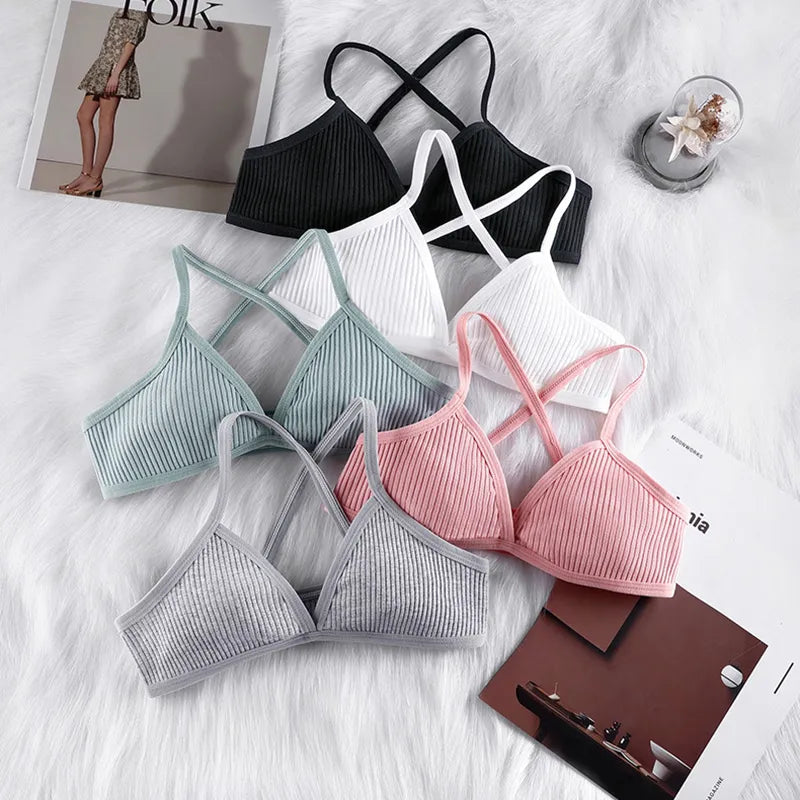 Comfort Cotton Bras for Women - Thin Sport Style Unlined Bralette with Sexy Deep V & Cross Back