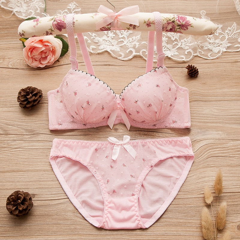 Cotton Lace Bra & Panties Set with Dot Floral Design for Girls & Students