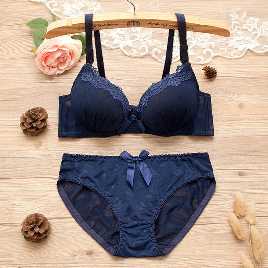 New Pure Color Lace Sexy Bra Set for Small - Breasted Women - Wireless, Adjustable, Without Rims