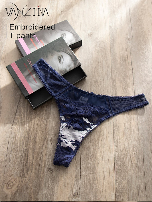 VANZTINA Women's Sexy Lace Thong Panties with Cotton Bow - Low Rise Intimate Lingerie