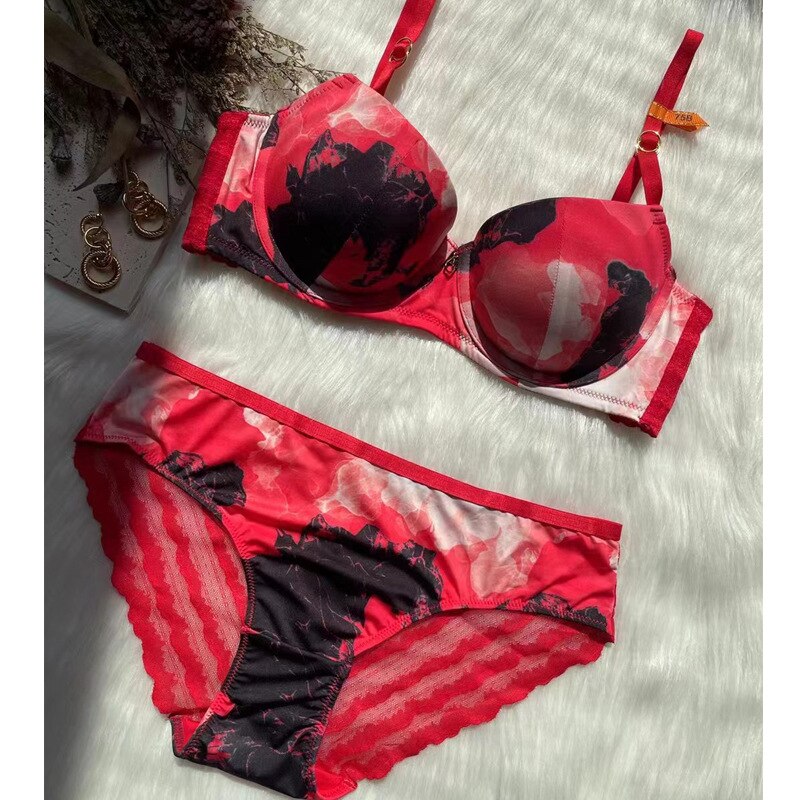 New Glossy Cup Painted Printing Push Up Bra and Panties Set - Lace Details Lingerie