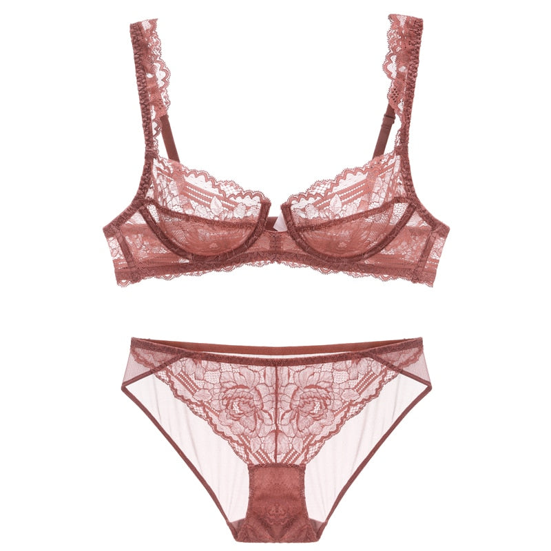 TERMEZY Women's Sexy Lace Lingerie Set - Transparent Brassiere, Push Up Bra, Ultra-thin Cup for Party