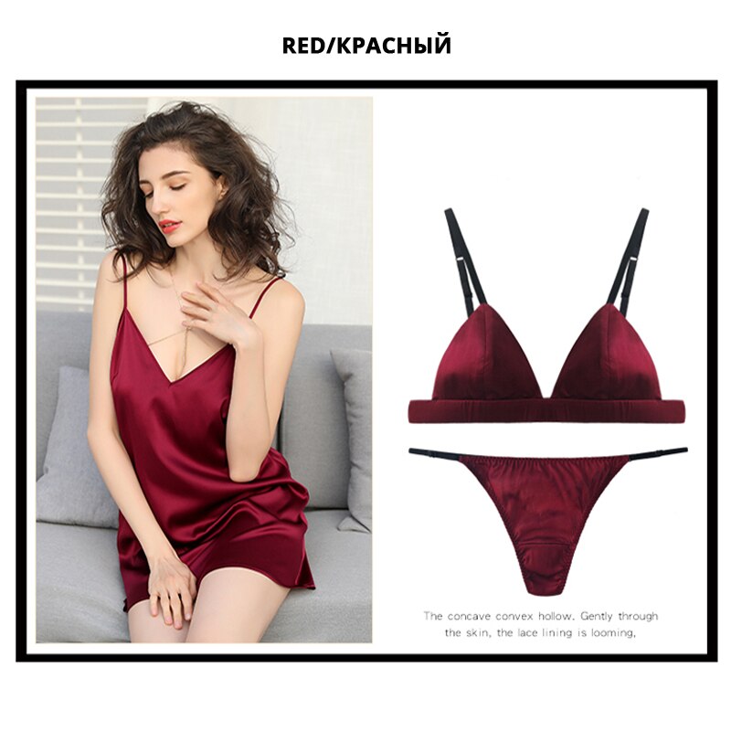 Luxury Silk Ladies Lingerie - Comfort Satin Bralette Wireless Bra Sets with Sexy Lace Green Brief
