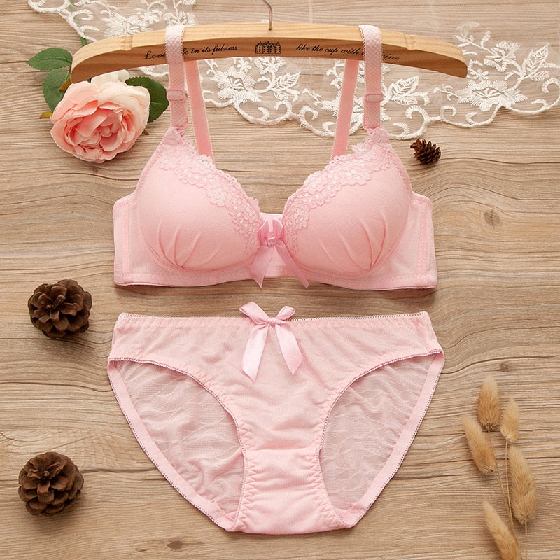 New Pure Color Lace Sexy Bra Set for Small - Breasted Women - Wireless, Adjustable, Without Rims