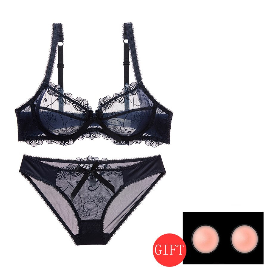 Women's Plus Size White Transparent Bra & Panty Set - D E Cup Underwire Push Up Mesh Lace Sexy Lingerie