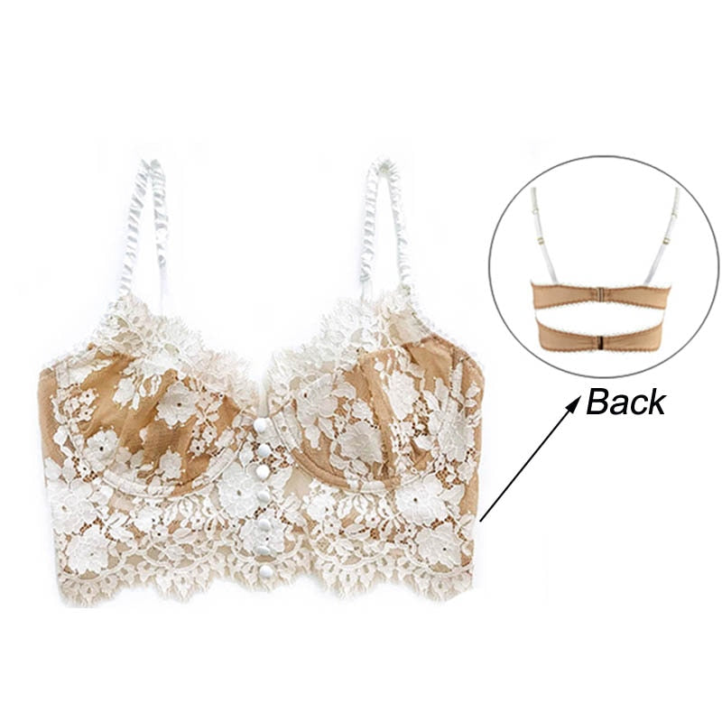 CINOON Sexy French Women's Underwear: Ultra Thin Lace Flower Embroidery Bralette Push up Eyelash Bra
