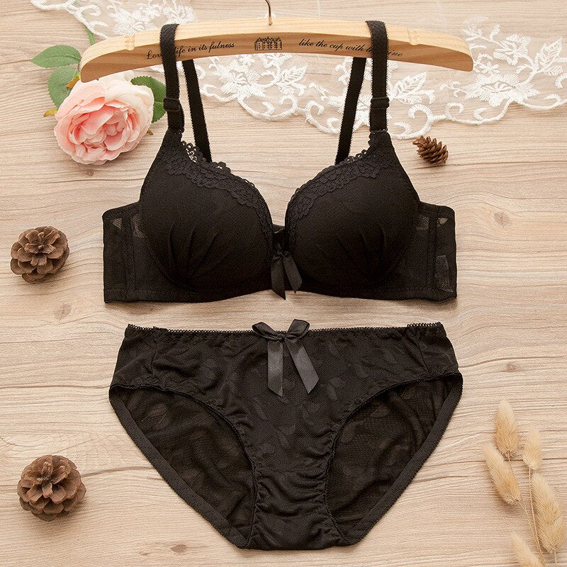 New Pure Color Lace Sexy Bra Set for Small - Breasted Women - Wireless, Adjustable, Without Rims