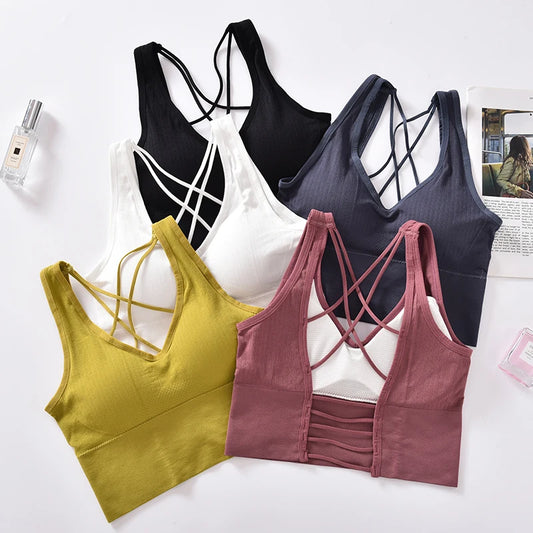 Bralette corto sin espalda y sin costuras para mujer - Lencería sexy y ropa deportiva con relleno extraíble