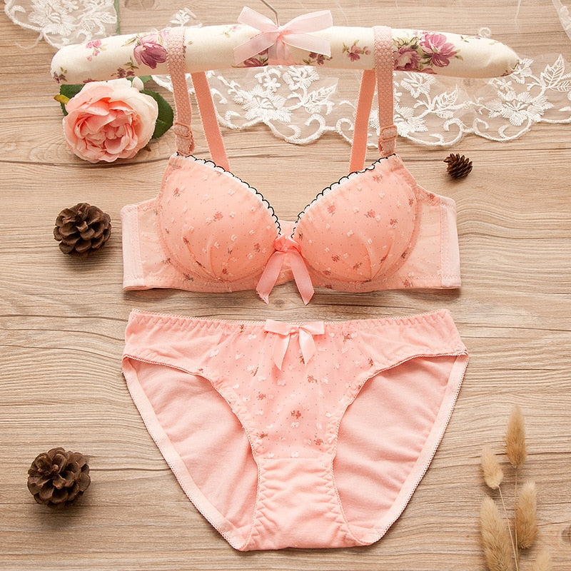 Cotton Lace Bra & Panties Set with Dot Floral Design for Girls & Students