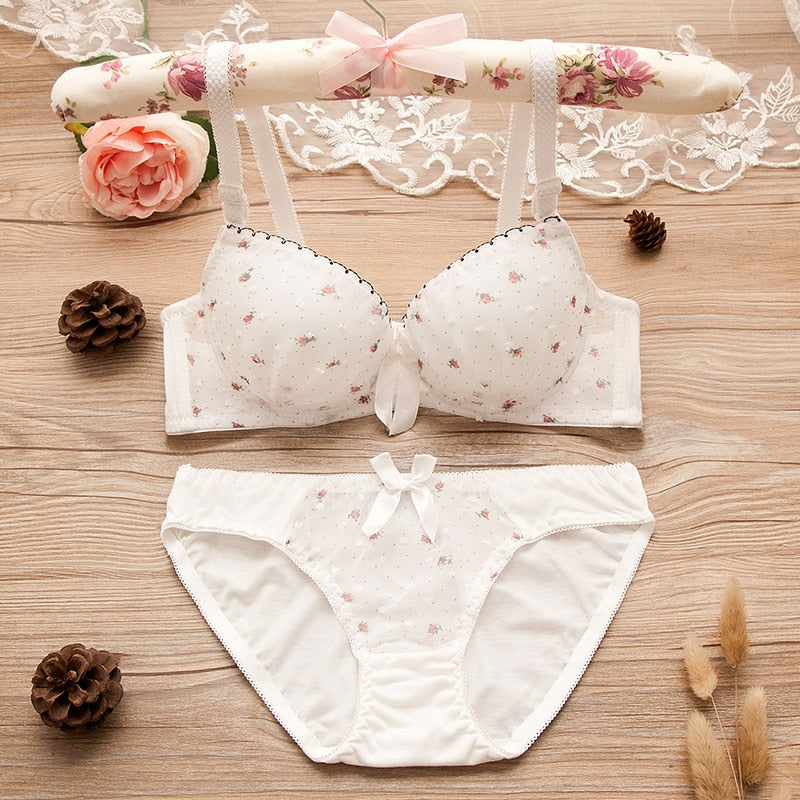 Cotton Lace Bra & Panties Set with Dot Floral Design for Girls & Students