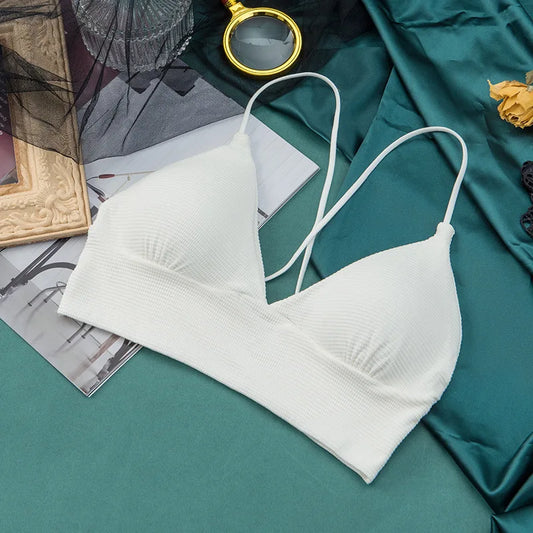 Deep V Wire-Free Bralette - Women's Fashion Crop Top Seamless Underwear Cross Back Lingerie