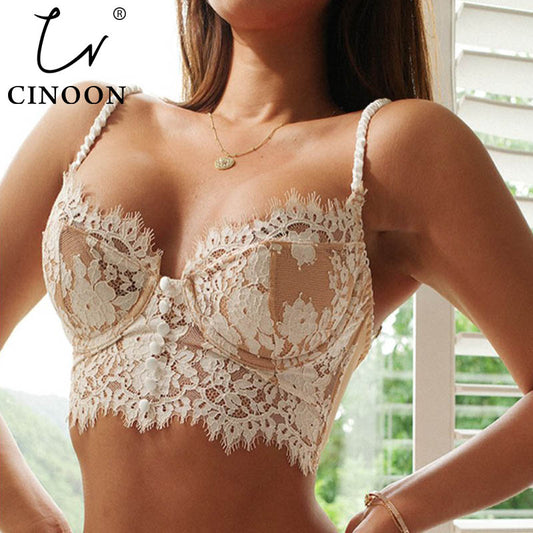 CINOON Sexy French Women's Underwear: Ultra Thin Lace Flower Embroidery Bralette Push up Eyelash Bra