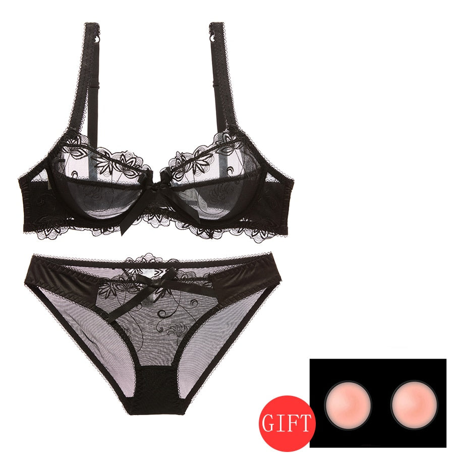 Women's Plus Size White Transparent Bra & Panty Set - D E Cup Underwire Push Up Mesh Lace Sexy Lingerie