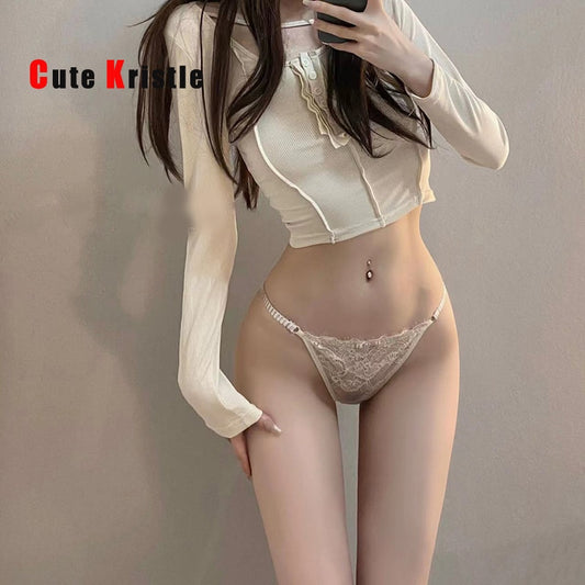 European and American Lace T Pants with Hollow out Sexy Women's Transparent Low Rise Thong Panties for Young Girls Underwear