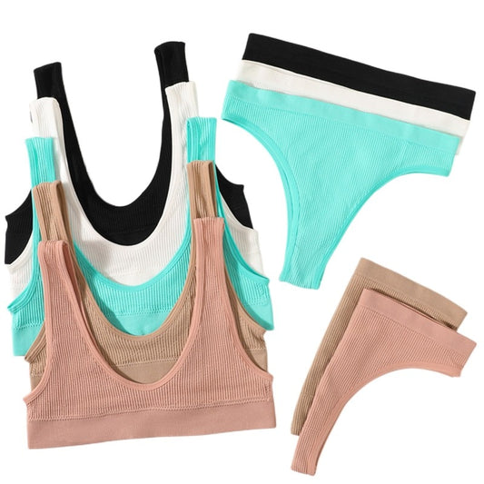 Conjunto de sujetador sexy sin costuras para mujer con tanga - Bralette de canalé sin aros