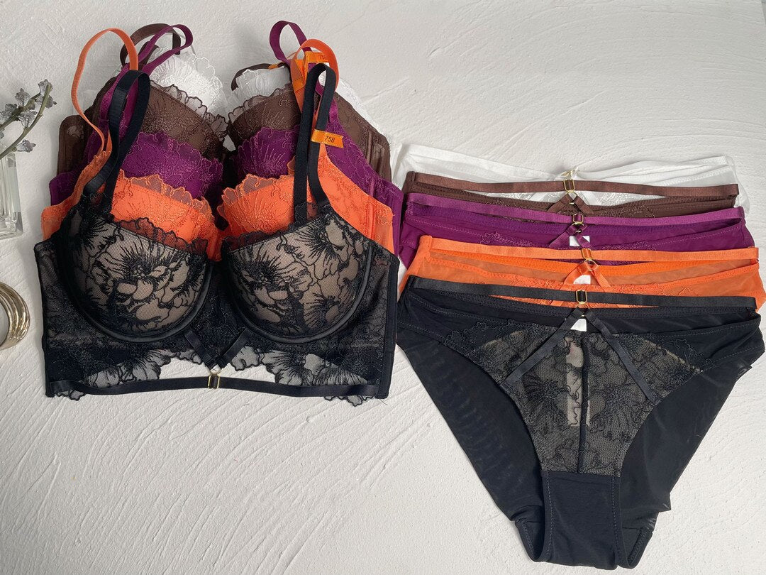 French Floral Lace Embroidery Push Up Bra & Panties Set - Exquisite Lingerie
