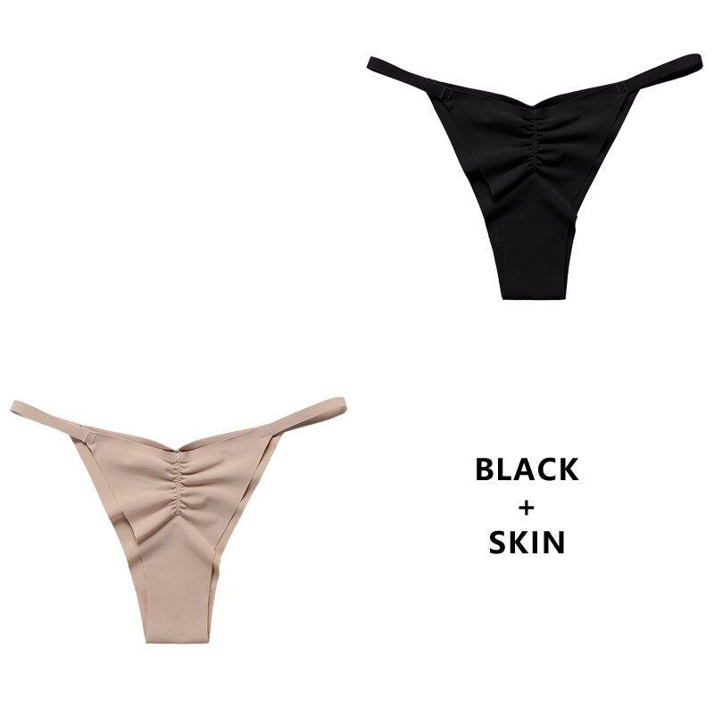CINOON 2PCS/Set Women Sexy Ice Silk Lingerie - Low-waist Panties, Thong, No Trace, Breathable