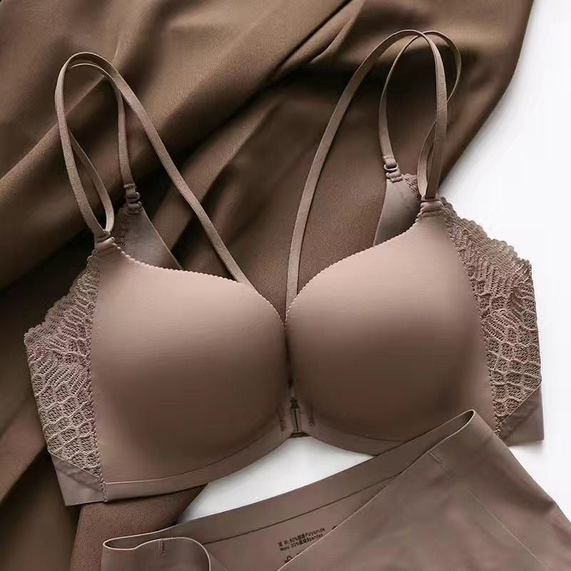 Japanese Beautiful Back Front Button Bra Set No Steel Ring Underwear Women's Small Chest Is Large Thickened Flat Chest No Trace