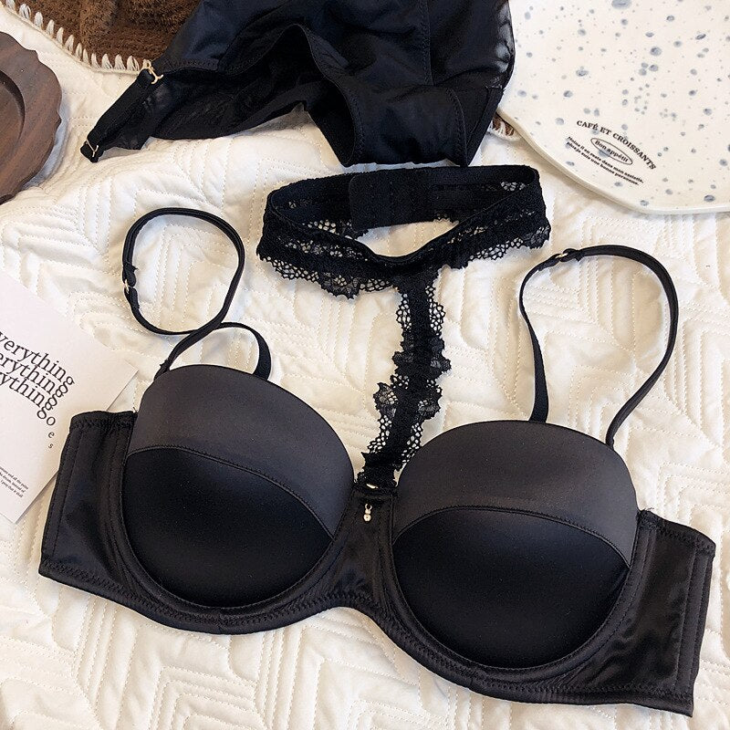 Schwarzer sexy Satin-Bralette mit weichen Bügeln, kleine Brust, Push-Up-BH mit halber Schale, Neckholder-Spitzenunterwäsche, Dessous-Anzug