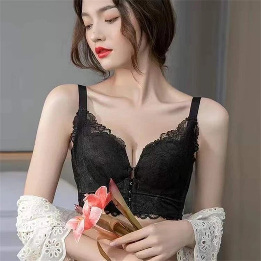 Sujetador de pecho pequeño para mujer: fruncido, sin aro de acero, anticaída, hebilla delantera, sexy