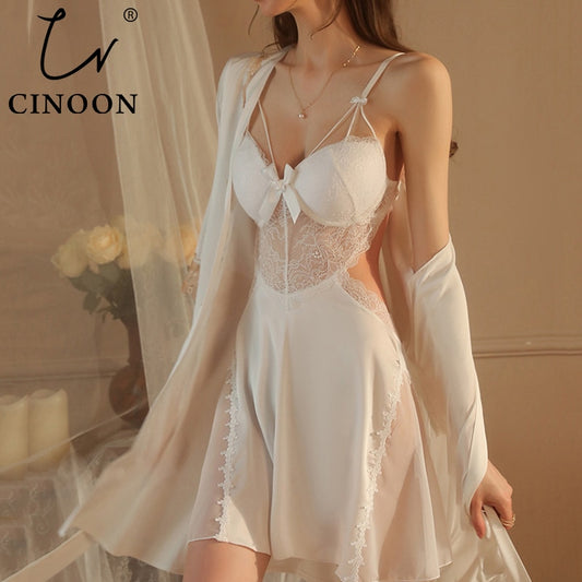CINOON Lace Trim Sexy Wedding Lady Robe - Bride/Bridesmaid Satin Kimono, Sleepwear & Intimate Lingerie