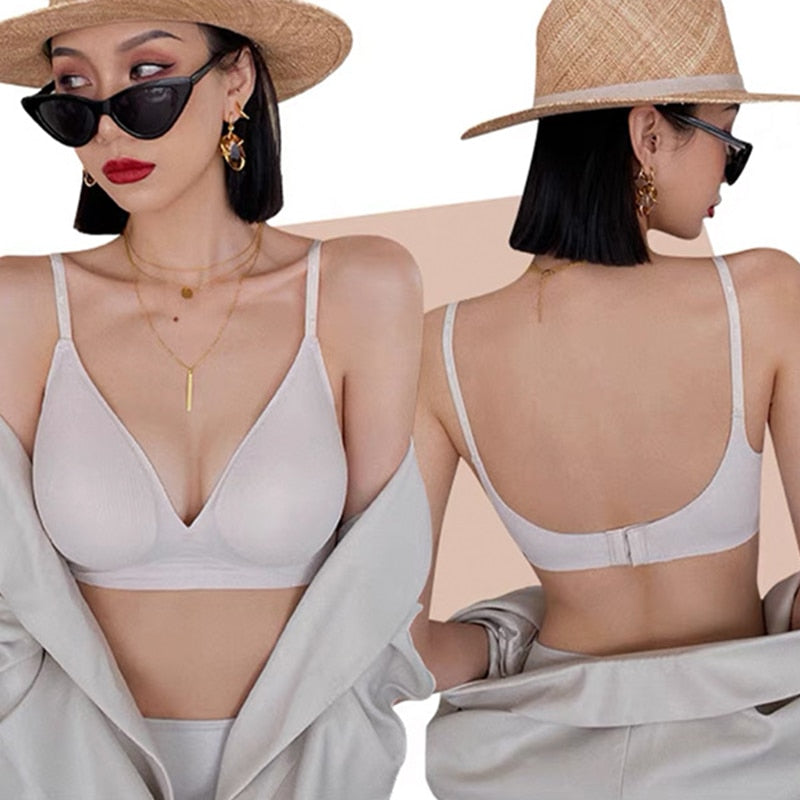 Women's Seamless Sexy Lingerie: Letter Strap Wireless Push Up Bras with Deep V and U Back Design