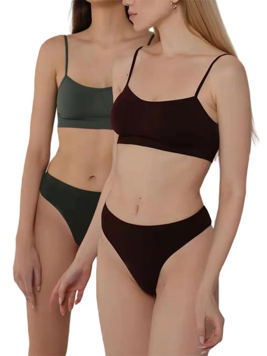 Conjunto de bralette y tanga acanalados para mujer, ropa interior sexy sin costuras: cómodo sujetador sin aros con almohadillas extraíbles.