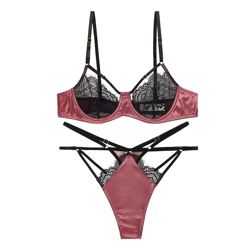 Conjunto de lencería sexy para mujer con perspectiva hueca, sujetador con aros de encaje de media copa y braguita, bralette ultrafino sin insertos