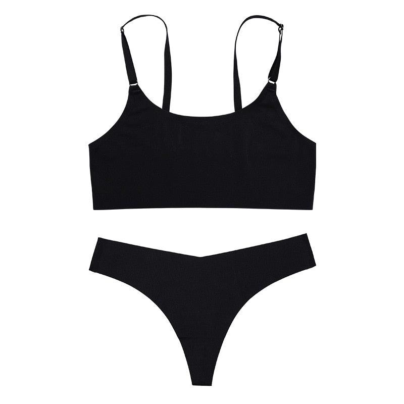 Conjunto de sujetador sexy de seda helada sin costuras para mujer con tanga y bralette sin aros: ropa interior ideal