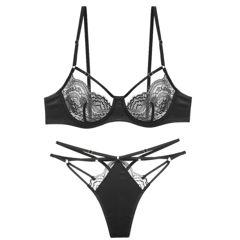 Conjunto de lencería sexy para mujer con perspectiva hueca, sujetador con aros de encaje de media copa y braguita, bralette ultrafino sin insertos