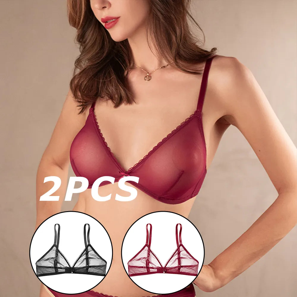 Women's 2PCS See - Through Lace Sexy & Comfortable Wire - Free Bra, Transparent & Breathable