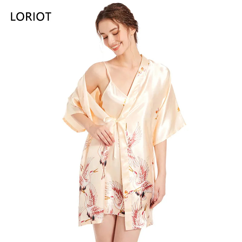 Conjunto de bata y camisón de satén estampado para mujer: ropa de dormir informal y sexy