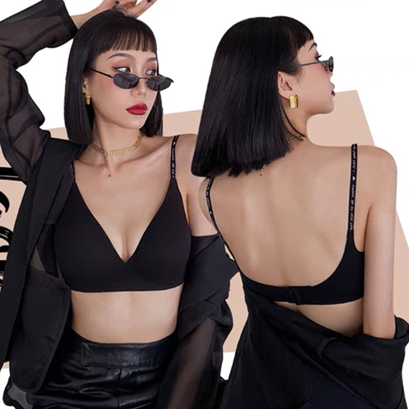 Women's Seamless Sexy Lingerie: Letter Strap Wireless Push Up Bras with Deep V and U Back Design