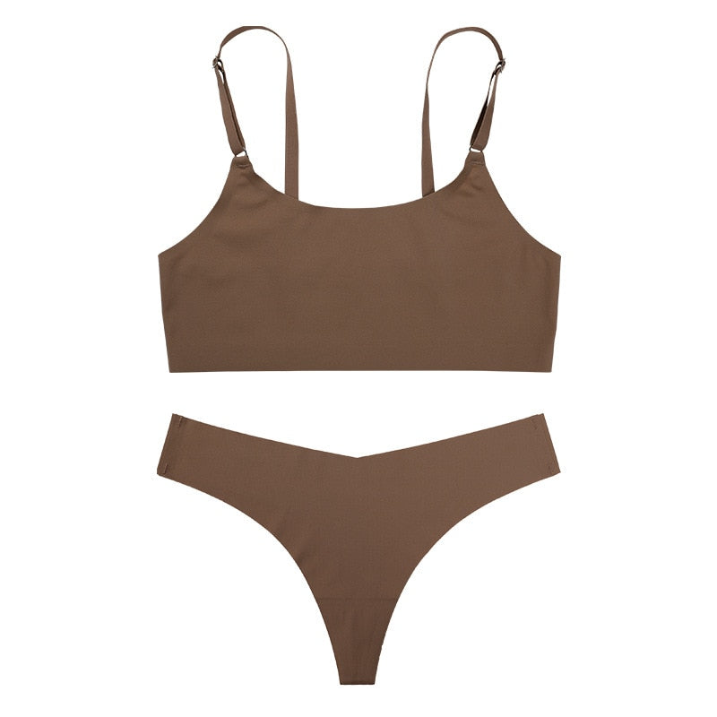 Conjunto de sujetador sexy de seda helada sin costuras para mujer con tanga y bralette sin aros: ropa interior ideal