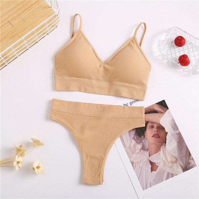 2PC FINETOO Women Seamless Bra Set Underwear Set High Waist Panties Sexy Wire Free Bralette Female Lingerie Brassiere Set