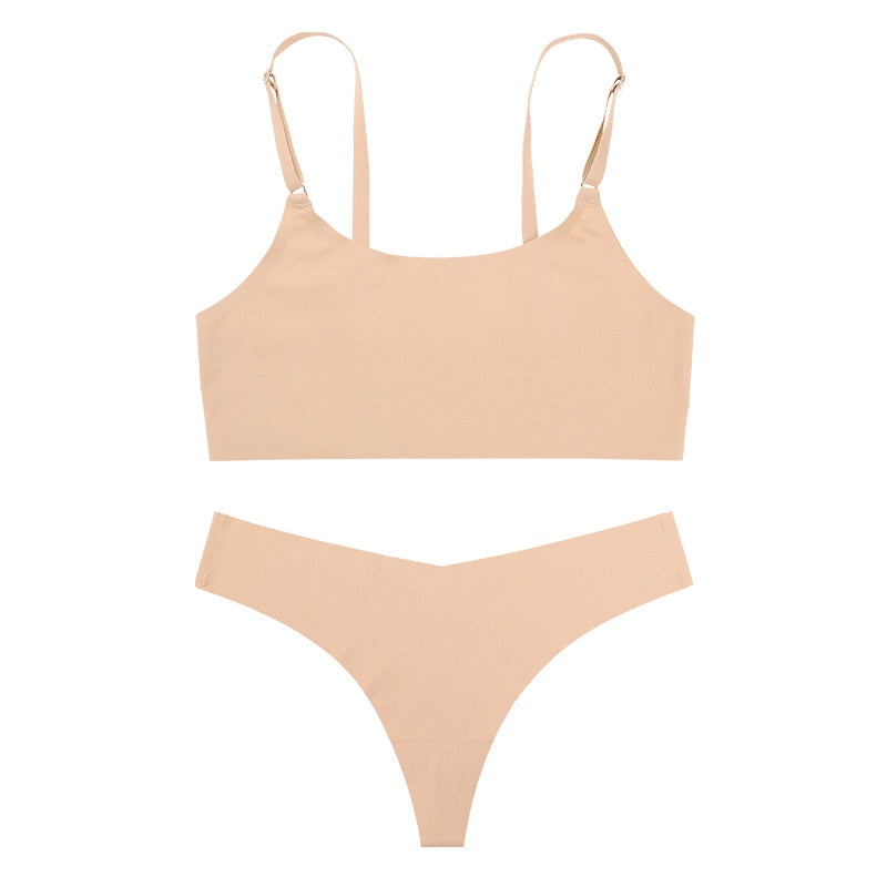Conjunto de sujetador sexy de seda helada sin costuras para mujer con tanga y bralette sin aros: ropa interior ideal