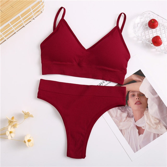 2PC FINETOO Women Seamless Bra Set Underwear Set High Waist Panties Sexy Wire Free Bralette Female Lingerie Brassiere Set