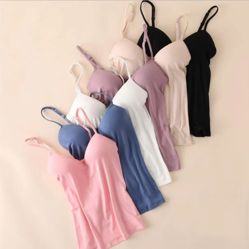 New Women's Modal Adjustable Padded Bra Tank Top - Solid Cami Top Vest with Built - In Bra for Fitness