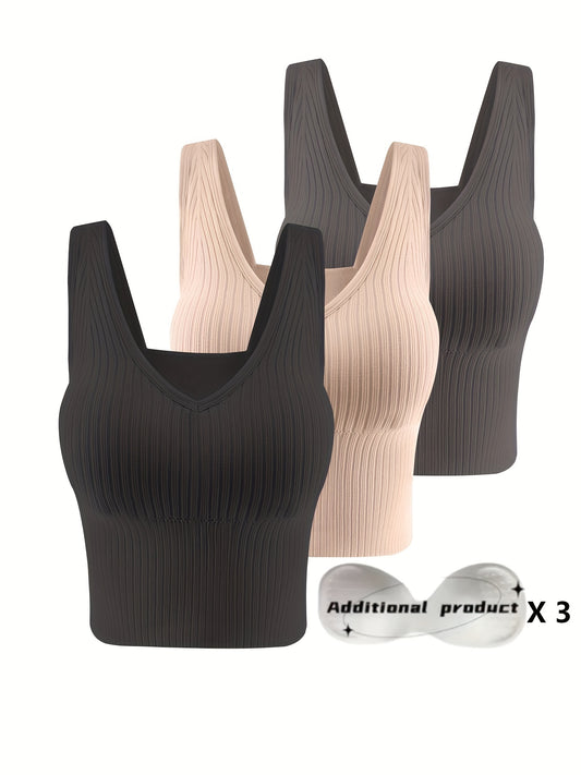 3pcs Ribbed Tank Top, Casual & Comfortable Wireless Vest Bra With Detachable Chest Pads, Women's Lingerie & Underwear