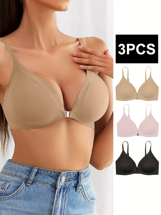 3pcs Seamless Solid Wireless Bras, Comfy & Breathable Front Buckle Push Up Bra, Women's Lingerie & Underwear