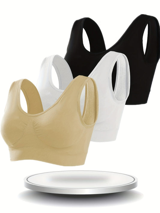 3 Pcs Women's Comfortable Thin Padless Sports Bras, Single Layer Solid Wireless Cami Intimates Bras, Women's Lingerie & Underwear